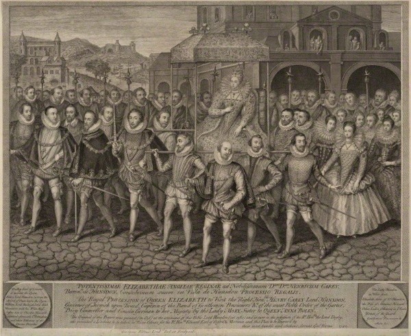 Victorian black and white engraving of Queen Elizabeth I being carried through the street.jpg
