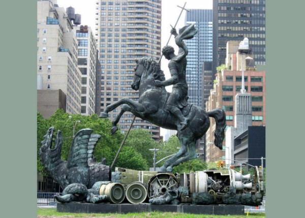 UN_Good Defeats Evil_ depicting St. George slaying the dragon at the United Nations_ presented by the Soviet Union in 1990. The dragon is created from fragments of Soviet SS-20 missiles-20001.JPG