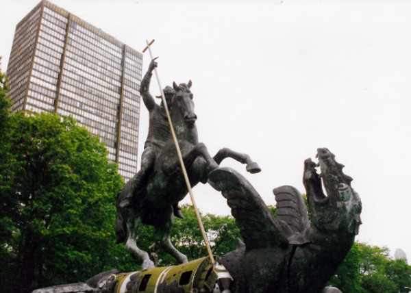 UN_Good Defeats Evil_ depicting St. George slaying the dragon at the United Nations_ presented by the Soviet Union in 1990. The dragon is created from fragments of Soviet SS-20 missiles-10001.JPG