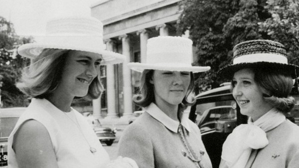 Camilla (L) aged 16 with Virginia Crookshank and Rosemary Boord at Lords Cricket Ground in 1963.jpg