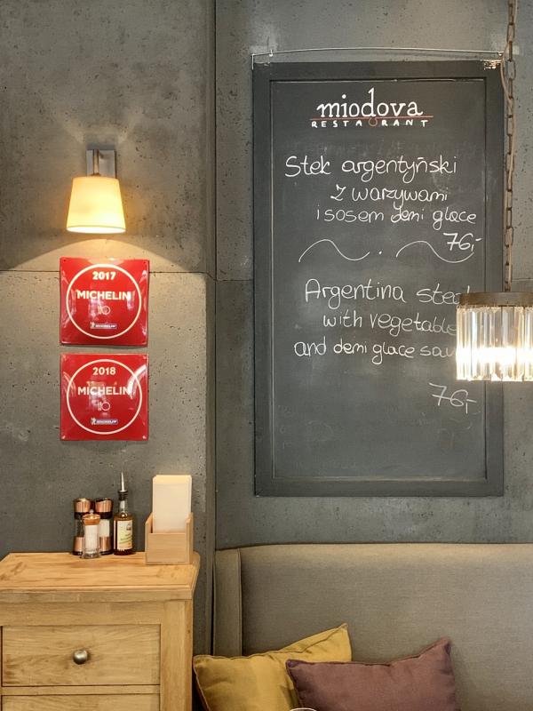 Michelin_Guide__fork_and_spoon__red_designation_at_Miodova_Restaurant,_Kraków,_Poland_for_2017_and_2018,_in_2019.jpg