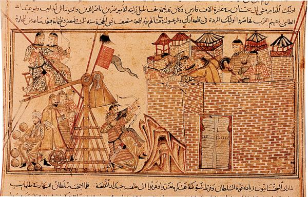 回回炮 03 Counterweight trebuchet used in a siege from the Jami' al-tawarikh, c. 1306-18.jpg