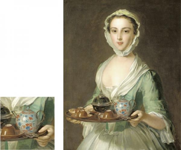 法国名画-Philippe Mercier (1689–1760), Portrait of a Young Woman Holding a Tea Tray,.jpg