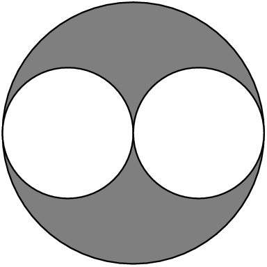 [asy] size(4cm); filldraw(scale(2)*unitcircle,gray,black); filldraw(shift(-1,0)*unitcircle,white,black); filldraw(shift(1,0)*unitcircle,white,black); [/asy]