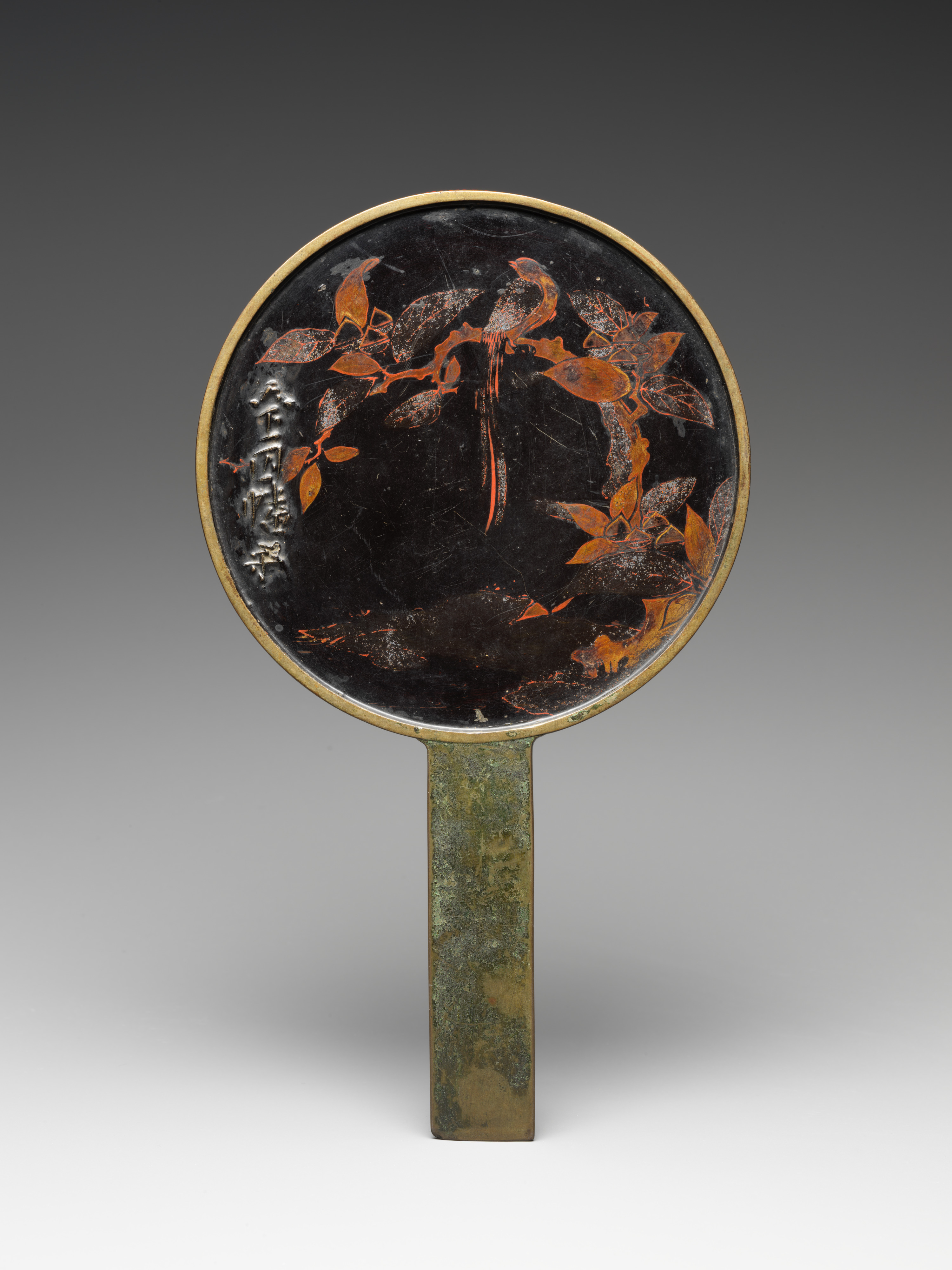 Mirror with handle, Bronze with black and red lacquer and silver maki-e, Japan