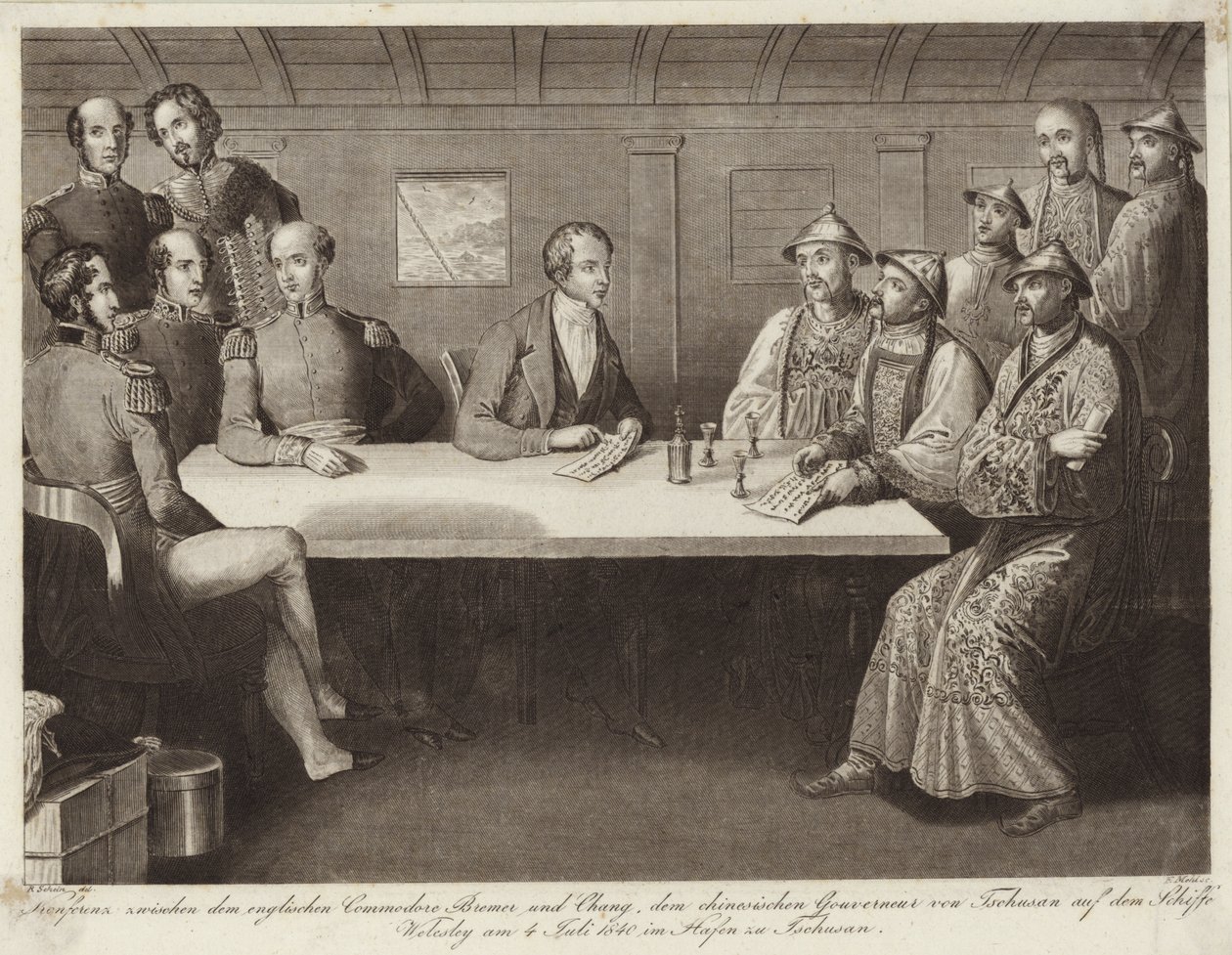 Conference at Chusan between Commodore Bremer and a Chinese official on HMS Wellesley 4 July 1841  by English School