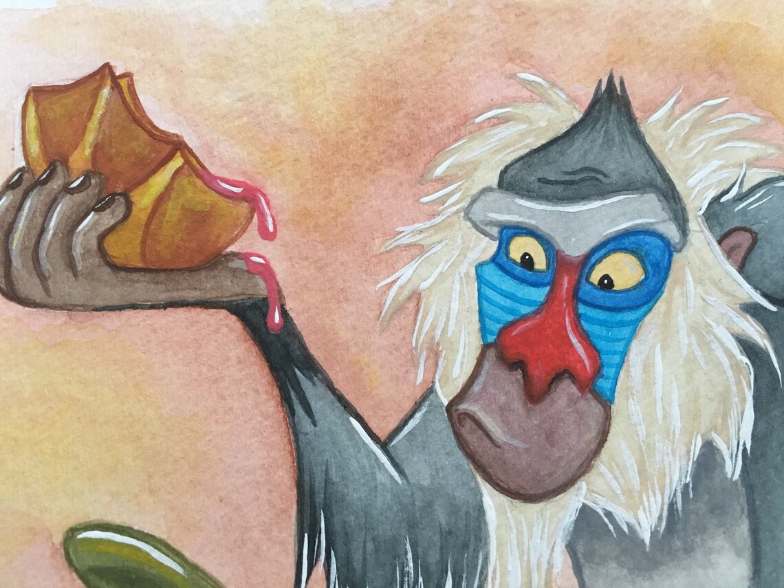 May include: A watercolor painting of a baboon with a blue face and red lips. The baboon is holding a piece of fruit in its hand, and the fruit is dripping red juice.