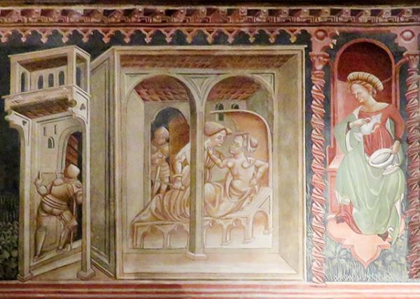 Chapel's Antechamber Fresco Depicting (left) the Rape of Lucretia & (Right) Temperance, One of the 4 Cardinal Virtues, Portrayed While Pouring Water into Wine.jpg