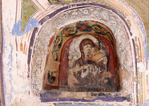 04-03-11_Tiny Niche in a Wall of God-Trodden Mount Sinai St Catherine Monastery w Fresco of Virgin Mary w Byzantine Patterns.jpg