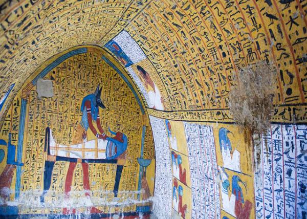 04-08-11_ Deir el-Medina Tombs (Worker Tombs)_Wall Painting of the God Anubis Tending to Pharaoh on Far Wall @ Tomb of Khaemteri, TT220.jpg