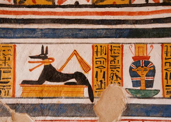 04-08-11_ Tombs of the Nobles_God Anubis in His Form of Sacred Jackal Crouching upon a Bldg @ Tomb of Roy, TT255, End of 18th Dynasty.jpg