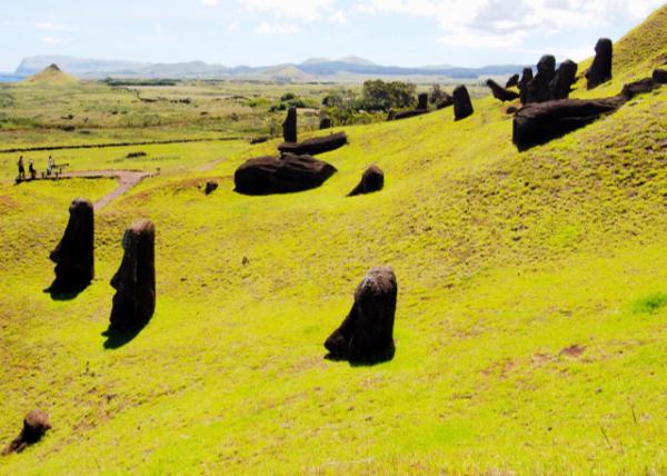 12-17-12_ Rano Raraku Quarry_Outer Slopes of Rano Raraku w Many Moai, Some Half-Buried, Some Left Still under Construction near the Mtn-130001.JPG