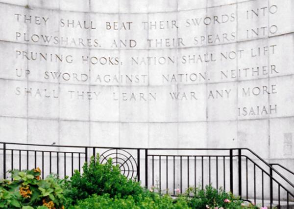 UN_The Isaiah Wall (1948) in Ralph Bunche Park They shall beat their swords into plowshares_ and their spears into pruning hooks_ nation shall not lift up sword against nation_ neither shall they learn war any more0001.JPG
