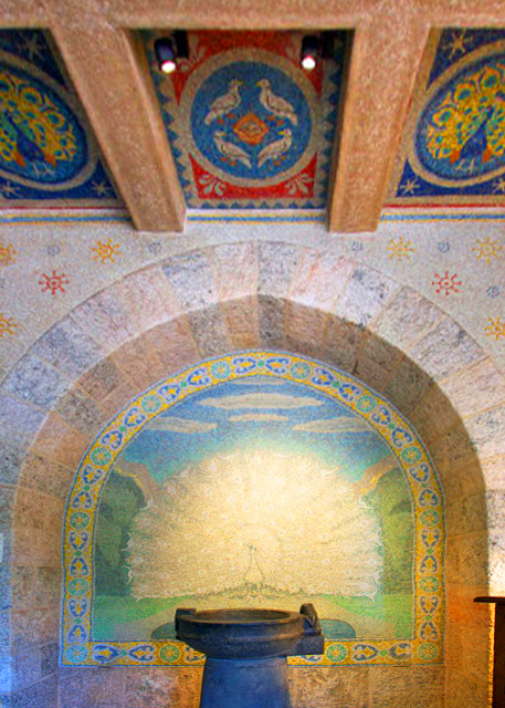 2021-12-15_Bird Room Ceiling & a White Mosaic Peacock Decorated w Various Types of Mosaic Birds_ Providing a Backdrop for an Ancient Egyptian Libation Bowl-10001.JPG