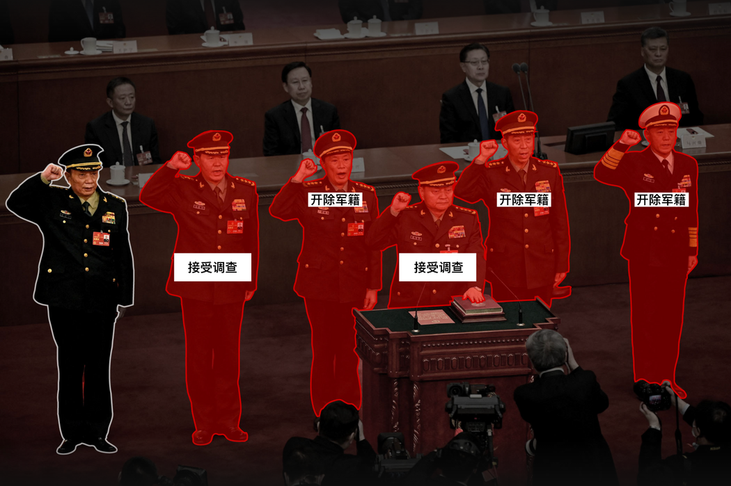 这些是2023年在中央军事委员会任职、效力于习近平的高级将领。此后，除一人外，其他人都被习近平清除出局。习近平在过去三年中进行了非同寻常的大清洗，使得这个世界第二强大军队的高层出现了权力空白。