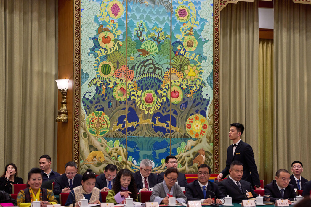 上周全国人民代表大会期间，西藏代表团在会议上。