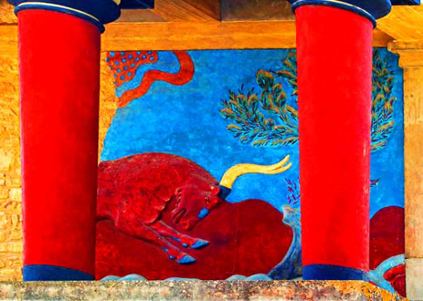2012-06-16_Knossos_North Portico of the Palace of Knossos Featuring a Tribute to the Magnificent Beast Minotaur Probably the Minoan High Priest Wearing a Bull's Helmet as a Bull Deity.jpg