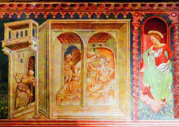 11_Chapel's Antechamber Fresco Depicting (left) the Rape of Lucretia & (Right) Temperance, One of the 4 Cardinal Virtues, Portrayed While Pouring Water into Wine.jpg