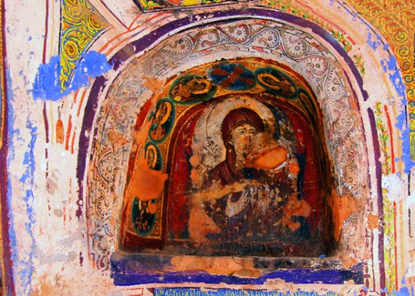 12_04-03-11_St Catherine Monastery_Tiny Niche in a Wall of God-Trodden Mount Sinai St Catherine Monastery w Fresco of Virgin Mary w Byzantine Patterns.jpg