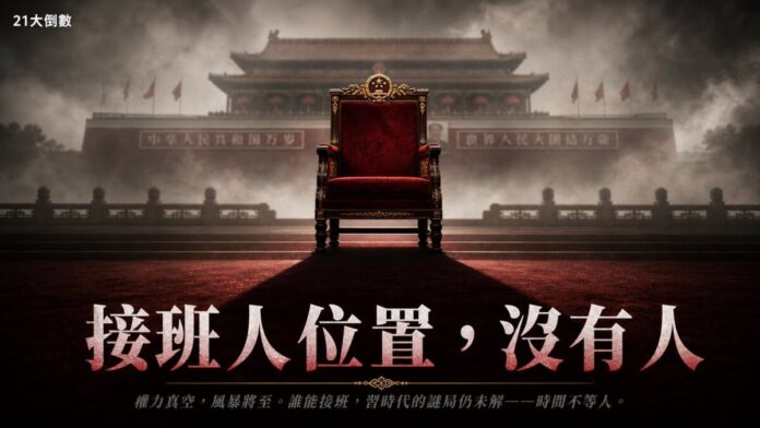 中共21大前夕政局示意圖：天安門城樓前一張空著的紅色龍椅，象徵習近平接班人位置懸空，呼應親信清洗與權力真空的政治危機。