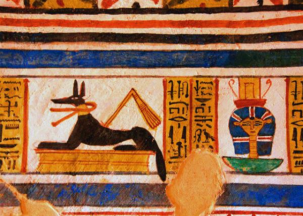 31_04-08-11_ Tombs of the Nobles_God Anubis in His Form of Sacred Jackal Crouching upon a Bldg @ Tomb of Roy, TT255, End of 18th Dynasty.jpg