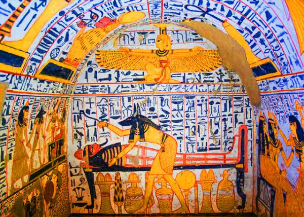 35_04-08-11_ Deir el-Medina Tombs (Worker Tombs)_Wall Painting of the God Anubis Performing the Opening the Mouth Ritual on Pharaoh @ Tomb of Nebenmaat, TT219.jpg