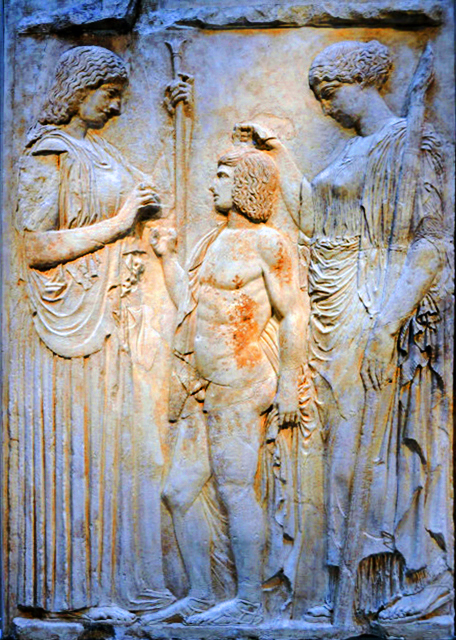 07_2015-02-21_Greek & Roman Gallery_Eleusinian Trio Persephone, Triptolemos, and Demeter, on a Marble Bas-Relief from Eleusis, 440�C430 BC ��˹�����ࣺ�����Ů���׹��ٺͷ���Ů�����Թ�Ԫǰ440-430�갣������˹�Ĵ���ʯ����-50001.JPG