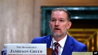美国贸易代表贾米森·格里尔(Jamieson Greer)在国会山举行的参议院金融委员会听证会上就总统2026年贸易政策议程作证。