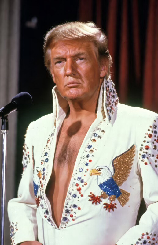 A man wearing an Elvis-style jumpsuit adorned with colorful rhinestones and embroidered eagles stands in front of a microphone, with a serious expression on his face. The background suggests a stage setting with curtains.