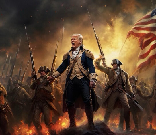 A dynamic illustration depicting a commanding figure dressed in historic military attire leading a group of soldiers with muskets and bayonets. An American flag waves prominently in the background amidst a fiery and smoke-filled battlefield scene. The mood is intense and evocative of a historic battle.