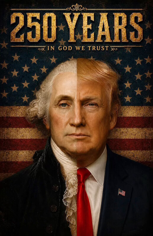 Split portrait of two historical figures combined, set against a vintage American flag background. The top text reads 