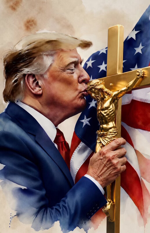 A man with blonde hair in a blue suit and red tie is kissing a golden crucifix with an American flag in the background.