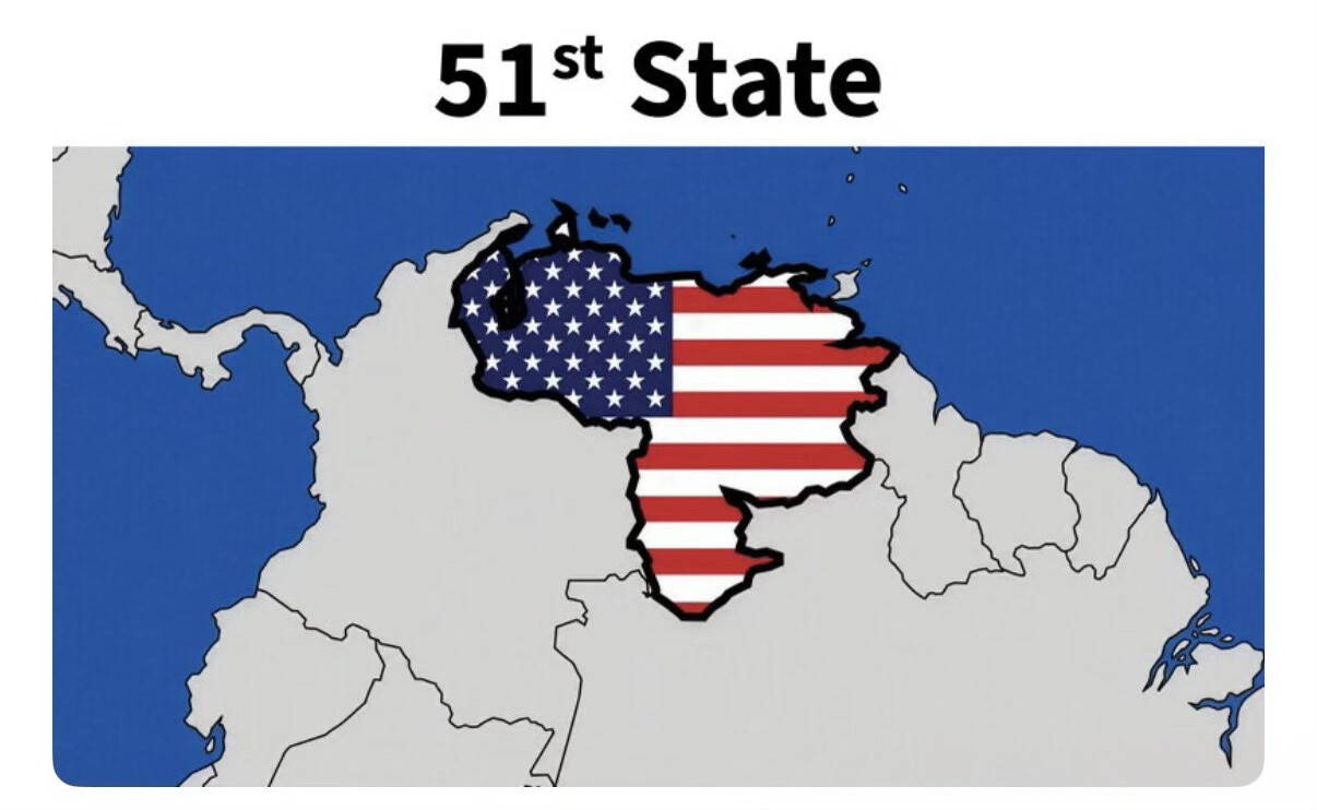 Map of Venezuela overlaid with the United States flag design, labeled 
