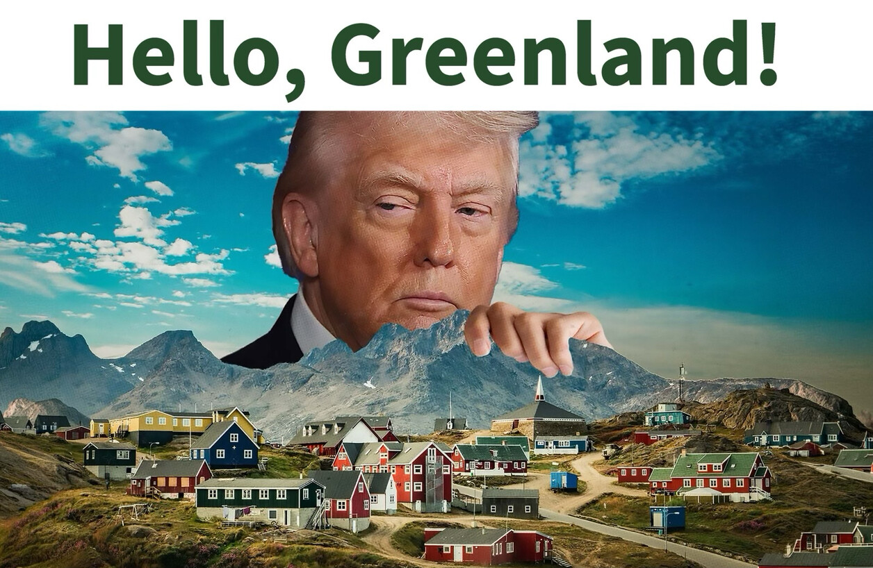 A composite image showing a large face overlaid above a mountainous landscape with colorful buildings, and the text 