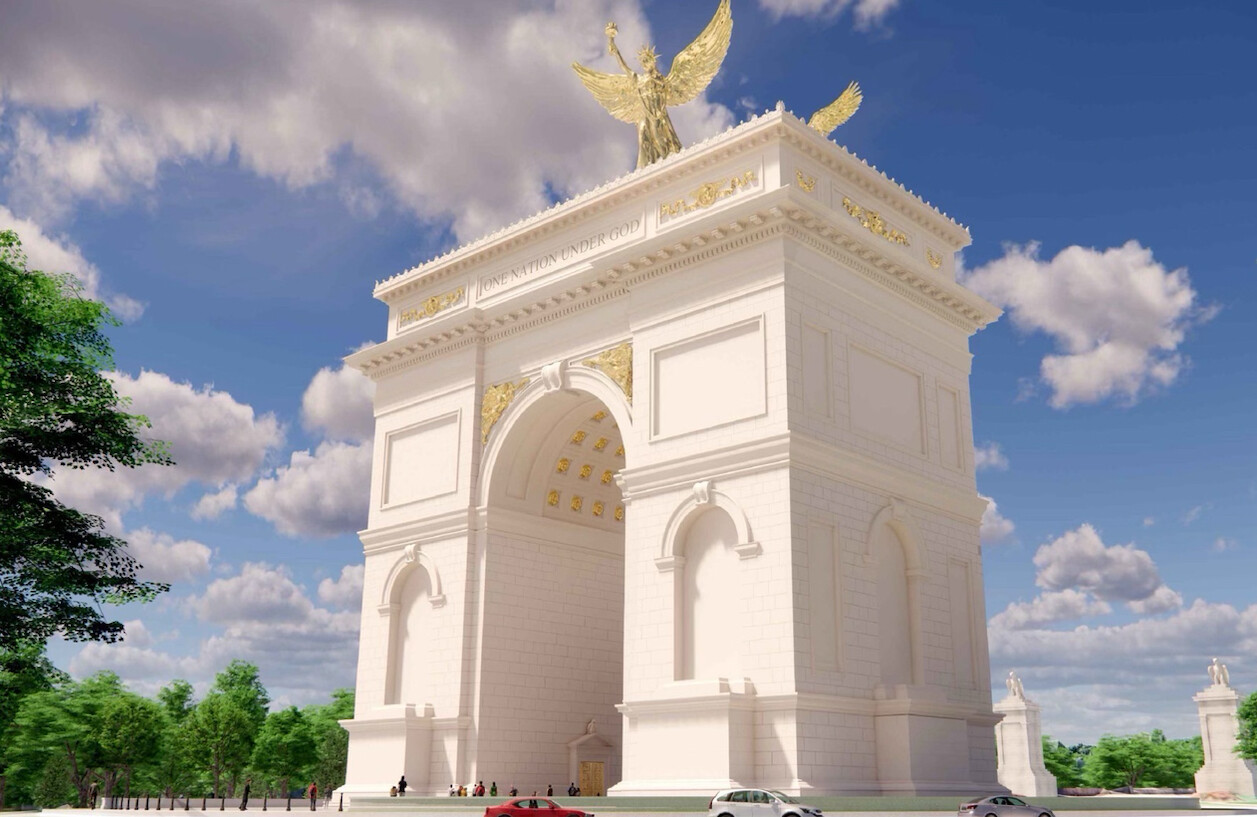 A white triumphal arch with golden decorations and a large golden eagle statue on top under a blue sky with scattered clouds; trees and small cars at the base.