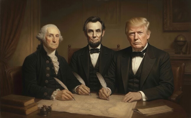Three historical figures in formal attire sit together at a table, holding quill pens over a large map. The setting implies a blend of historical and contemporary elements, with books and documents nearby, creating a scene reminiscent of a strategic meeting or planning session.
