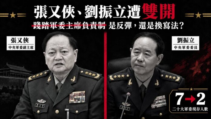 黑白處理的兩名解放軍上將並列照片，左為張又俠，右為劉振立，中間以紅線分隔，背景有天安門城樓。上方標題為「張又俠、劉振立遭雙開」，下方「踐踏軍委主席負責制」一句被紅線劃掉，並問「是反彈，還是換寫法？」。右下角標示「7→2 二十大軍委現存人數」。