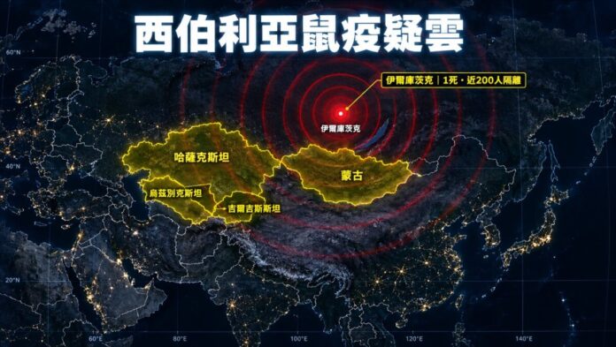西伯利亞鼠疫疑雲示意地圖：以紅點標示俄羅斯伊爾庫茨克（1死、近200人隔離），黃色標示已加強邊境檢疫的哈薩克斯坦、烏茲別克斯坦、吉爾吉斯斯坦及蒙古
