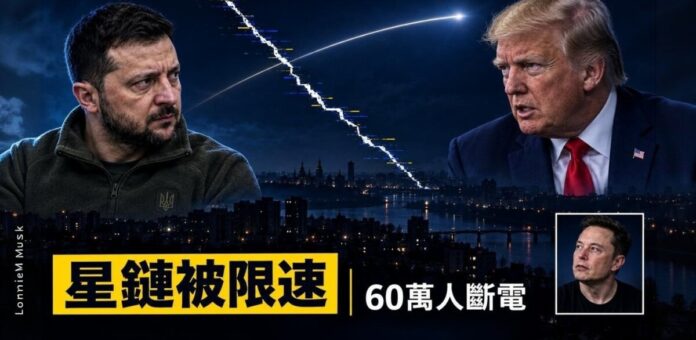 合成示意圖：左側為烏克蘭總統澤倫斯基神情凝重，右側為美國總統川普，右下框內為馬斯克；背景為停電的基輔夜景與斷裂的衛星訊號線，下方標題文字「星鏈被限速｜60萬人斷電」。