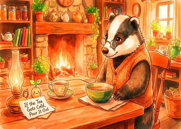 If the Tea Gets Cold, Pour It Out in Cozy Storybook Illustration, Jeavily Emphasizing Cottagecore Aesthetics.jpg