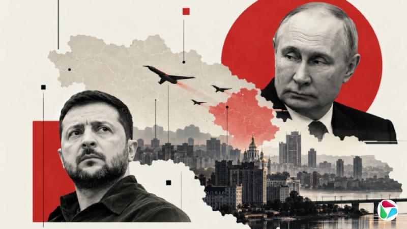 一张由黑、白、红三色组成的 BBC 照片拼贴,显示乌克兰总统泽连斯基和俄罗斯总统普京,以乌克兰地图及基辅城市景观为背景,地图上方可见导弹剪影。